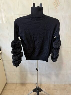 Women's Black Faux-Fur Sleeve Turtleneck Sweater
